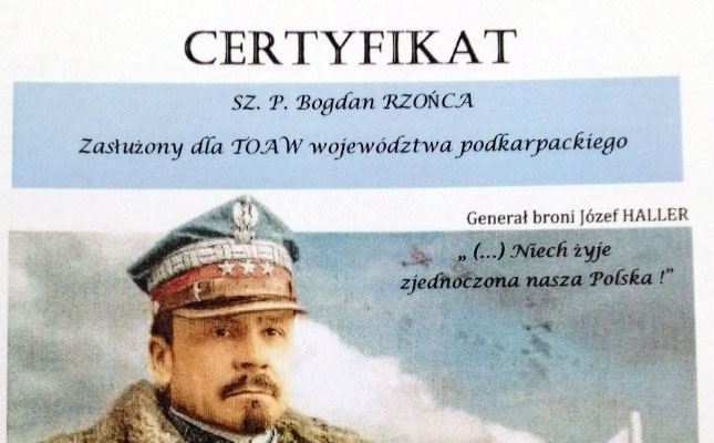 Certyfikat - Zasłużony dla TOAW województwa podkarpackiego