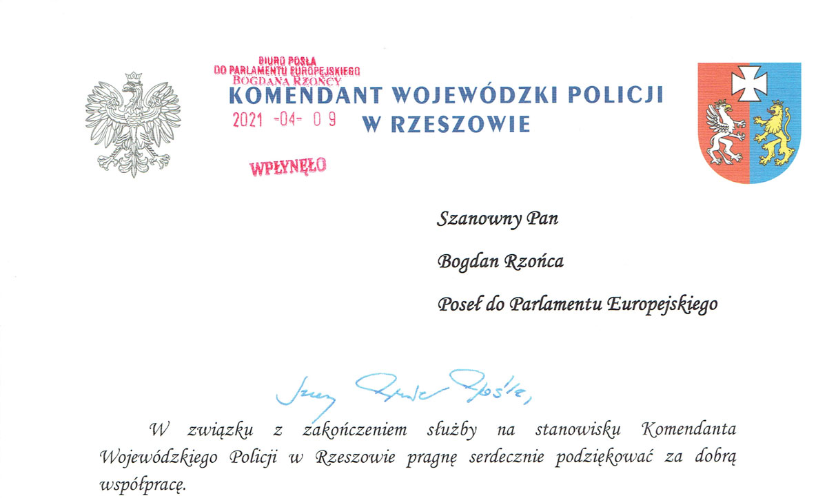 Podziękowanie za współpracę - Komendant Wojewódzki Policji w Rzeszowie