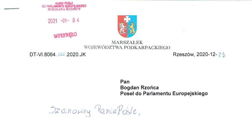 Odpowiedź Województwa Podkarpackiego na pismo dotyczące realizacji budowy nowej linii kolejowej Jasło-Dębica