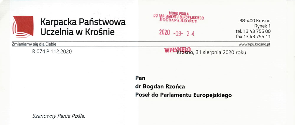 Podziękowanie od Rektora Karpackiej Państwowej Uczelni w Krośnie